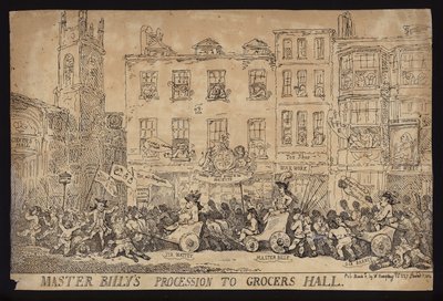 Procession de Maître Billy à Grocers Hall ; Satire politique sur la procession de William Pitt le Jeune à Grocers Hall pour recevoir la liberté de la ville de Londres - Thomas (after) Rowlandson