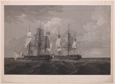Cette plaque représentant la frégate française La Proserpine de 40 canons abaissant ses couleurs devant la frégate de Sa Majesté Dryad de 36 canons au large du cap Clear, le 13 juin 1796... dédiée au capitaine... Lord Amelius Beauclerk... - Thomas (after) Whitcombe