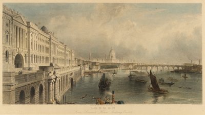 Vue de Londres, Angleterre, depuis le bâtiment marin de Somerset House, avec la cathédrale Saint-Paul et le pont de Londres - Thomas Allom