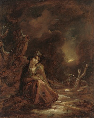Scènes de "La Tâche" de William Cowper : un paysage hivernal au clair de lune avec Crazy Kate au repos sur un chemin, 1785 - Thomas Barker of Bath