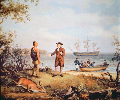 William Penn arrive en Amérique pour la première fois et rencontre un Amérindien en 1682 - Thomas Birch
