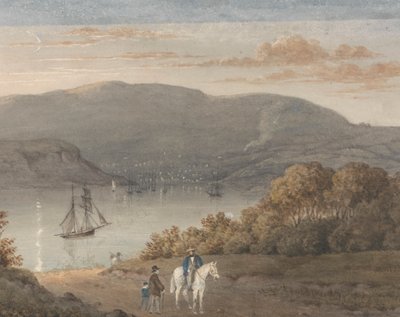 Port Louis depuis La Petite Montagne (crépuscule) avec un cavalier et des personnages au premier plan - Thomas Bradshaw