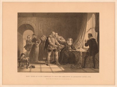 Marie Stuart forcée de signer son abdication au château de Lochleven - Thomas Brown