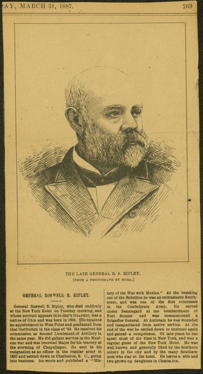 Nécrologie et gravure du général R.S. Ripley - Thomas Butler Gunn
