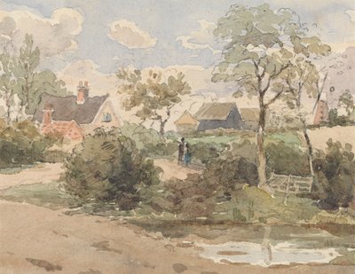 Paysage de campagne avec cottage, moulin à vent, granges et personnages avec étang au premier plan - Thomas Churchyard