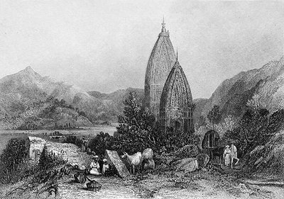Temples hindous de Mahadeo dans les montagnes de Sivalic, Inde, gravés par E. Finden, de 