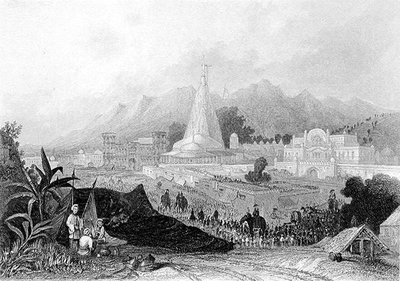 Le grand temple, Hurdwar, avec procession de pèlerins hindous, gravé par W. Finden, de 
