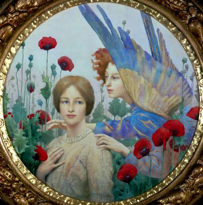 "Le Message" Une jeune femme et un ange dans un champ de coquelicots. Peinture de Thomas Cooper Gotch (1854-1931) (preraphaelite) Collection privee - Thomas Cooper Gotch