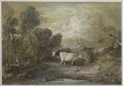 Un berger avec trois vaches près d