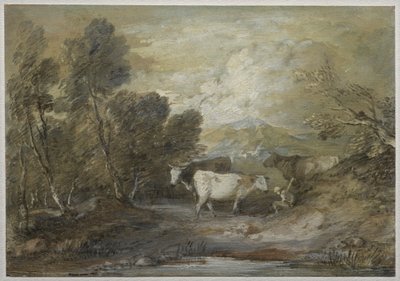 Un berger avec trois vaches près d