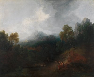 Vallée de montagne avec personnages et village lointain - Thomas Gainsborough