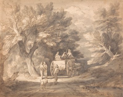Paysage boisé avec charrette de campagne et personnages marchant dans une allée - Thomas Gainsborough