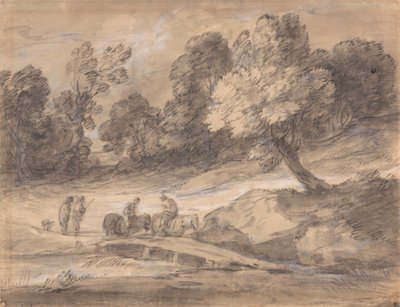 Paysage boisé avec figures à cheval traversant un pont - Thomas Gainsborough