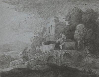 Paysage boisé avec berger conduisant du bétail sur un pont, amoureux rustiques et château en ruine - Thomas Gainsborough