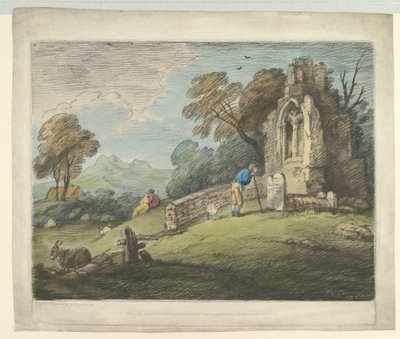Paysage boisé avec paysan lisant une pierre tombale, amoureux rustiques et église en ruine - Thomas Gainsborough