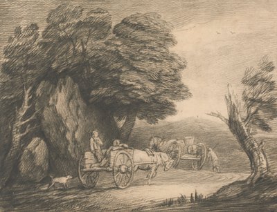 Paysage boisé avec deux charrettes de campagne et des figures - Thomas Gainsborough