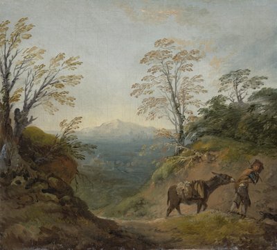 Paysage boisé avec un garçon menant un âne et un chien, et un panorama étendu avec des bâtiments et des collines lointaines, début des années 1760 - Thomas Gainsborough