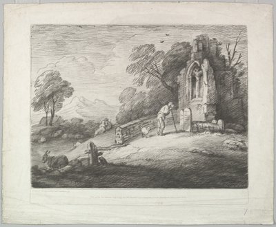 Paysage boisé avec un paysan lisant une pierre tombale, des amoureux rustiques et une ruine - Thomas Gainsborough