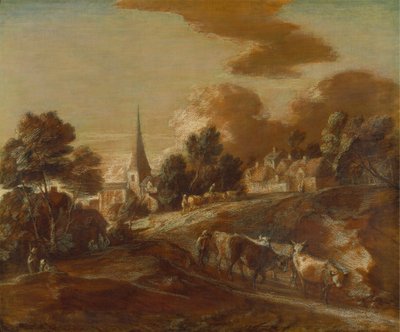 Un village boisé imaginaire avec des conducteurs de bétail - Thomas Gainsborough RA