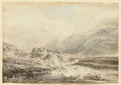 Paysage montagneux avec moulin à roue par-dessus et pont - Thomas Girtin