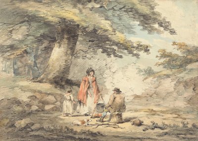 Paysage boisé avec figures autour d