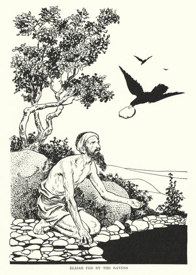 Élie nourri par les corbeaux (litho) - Thomas Heath Robinson
