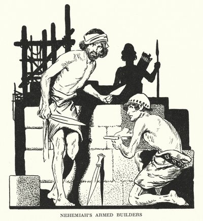 Les bâtisseurs armés de Néhémie (litho) - Thomas Heath Robinson