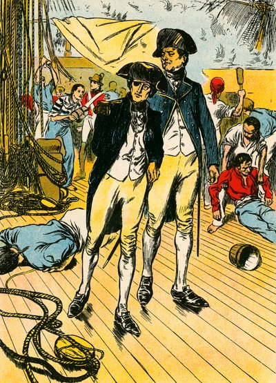 Nelson sur le "Victory" à Trafalgar (lithographie couleur) - Thomas Heath Robinson