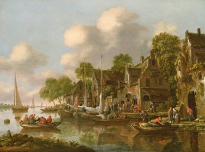 Paysage fluvial avec bateaux et personnages près d