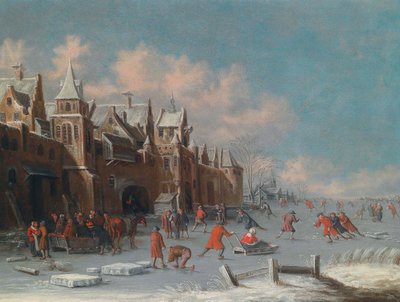 Patineurs sur la glace devant les portes d