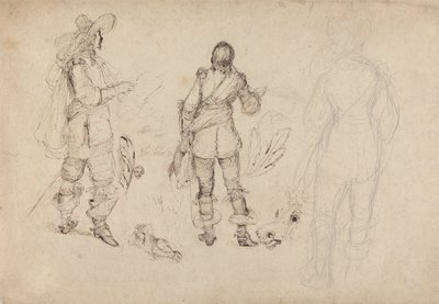 Page de croquis de cavaliers, tête de cheval et plumes - Thomas Henry Nicholson