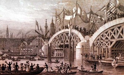 Nouveau pont de Londres avec le cortège du Lord Maire passant sous les arches inachevées, gravé par Thomas Higham (1796-1844) pub. par Jones & Co. novembre 1828 - Thomas Hosmer (after) Shepherd