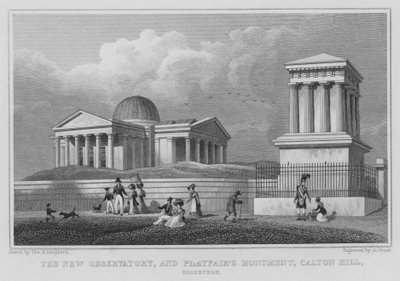 Le nouvel observatoire et le monument de Playfair, Calton Hill, Édimbourg (gravure) - Thomas Hosmer Shepherd