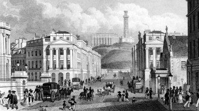 Waterloo Place, Les monuments nationaux et de Nelson et Calton Hill, Édimbourg, gravé par Thomas Barber, 1829 - Thomas Hosmer Shepherd