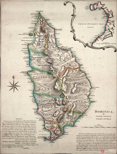 Carte en couleur de la Dominique avec des observations géographiques détaillées - Thomas Jefferys
