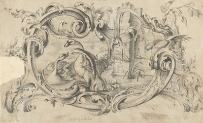 Conception pour une tablette de cheminée avec deux cygnes en combat, Enfermée dans un rouleau..., 1762 - Thomas Johnson