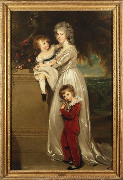 Portrait de Mme Annesley debout en pied, en robe blanche avec ses deux enfants - Thomas Lawrence