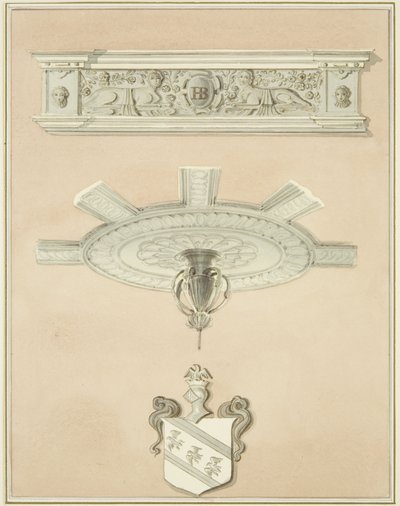 Détails de la salle de la bibliothèque de droit, y compris le pendentif central du plafond et la corniche - Thomas Leeson the Elder Rowbotham