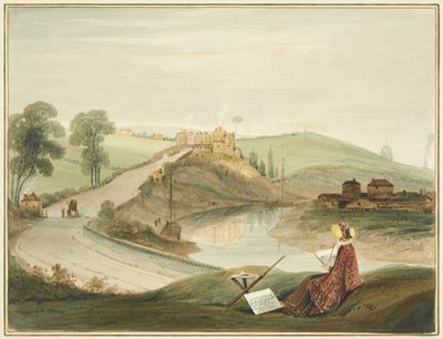 Totterdown et Pile Hill depuis Bath Road, montrant le péage de Brislington (avec une Miss Braikenridge? dessinant) - Thomas Leeson the Elder Rowbotham