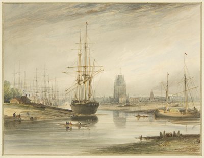 Vue remontant la rivière, prise en dessous de Rope Walk et Wapping, vers 1804 - Thomas Leeson the Elder Rowbotham