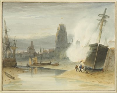 Vue de St Mary Redcliffe depuis le slip de Gibb avant la formation du port flottant, montrant également le carénage du fond d