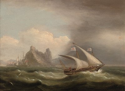 Un xebec armé en Méditerranée, une frégate britannique à son arrière et passant devant une côte rocheuse - Thomas Luny