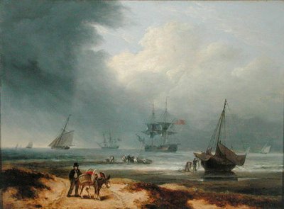 Navires dans une Baie Venteuse avec des Hommes Travaillant sur le Rivage - Thomas Luny