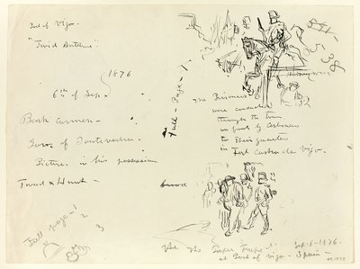 Feuille de croquis : Soldat à cheval et soldat au sabre condamnant un prisonnier (recto) ; feuille de croquis (verso) - Thomas Nast