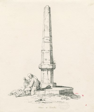 Tixall - Pilier indiquant les distances en miles : dessin à la plume et à l