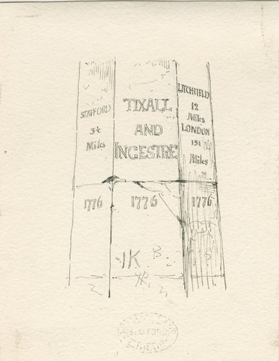 Tixall - Pilier de pierre indiquant les distances : dessin à la plume et à l