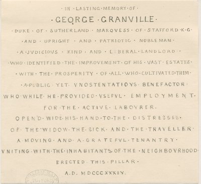 Trentham - Inscription sur le monument au duc de Sutherland - Thomas Peploe Wood