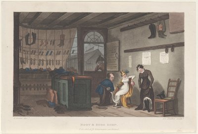 Boutique de bottes et chaussures, des Esquisses poétiques de Scarborough, 1813. Créateurs : Thomas Rowlandson, Joseph Constantine Stadler, J. Bluck - Thomas Rowlandson, Joseph Constantine Stadler, J. Bluck