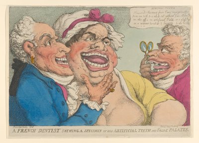 Un dentiste français montrant un spécimen de ses dents artificielles et faux palais - Thomas Rowlandson
