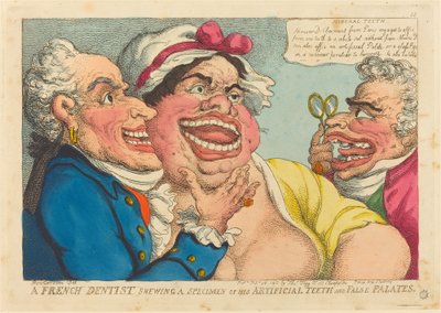 Un dentiste français montrant un spécimen de ses dents artificielles et faux palais - Thomas Rowlandson